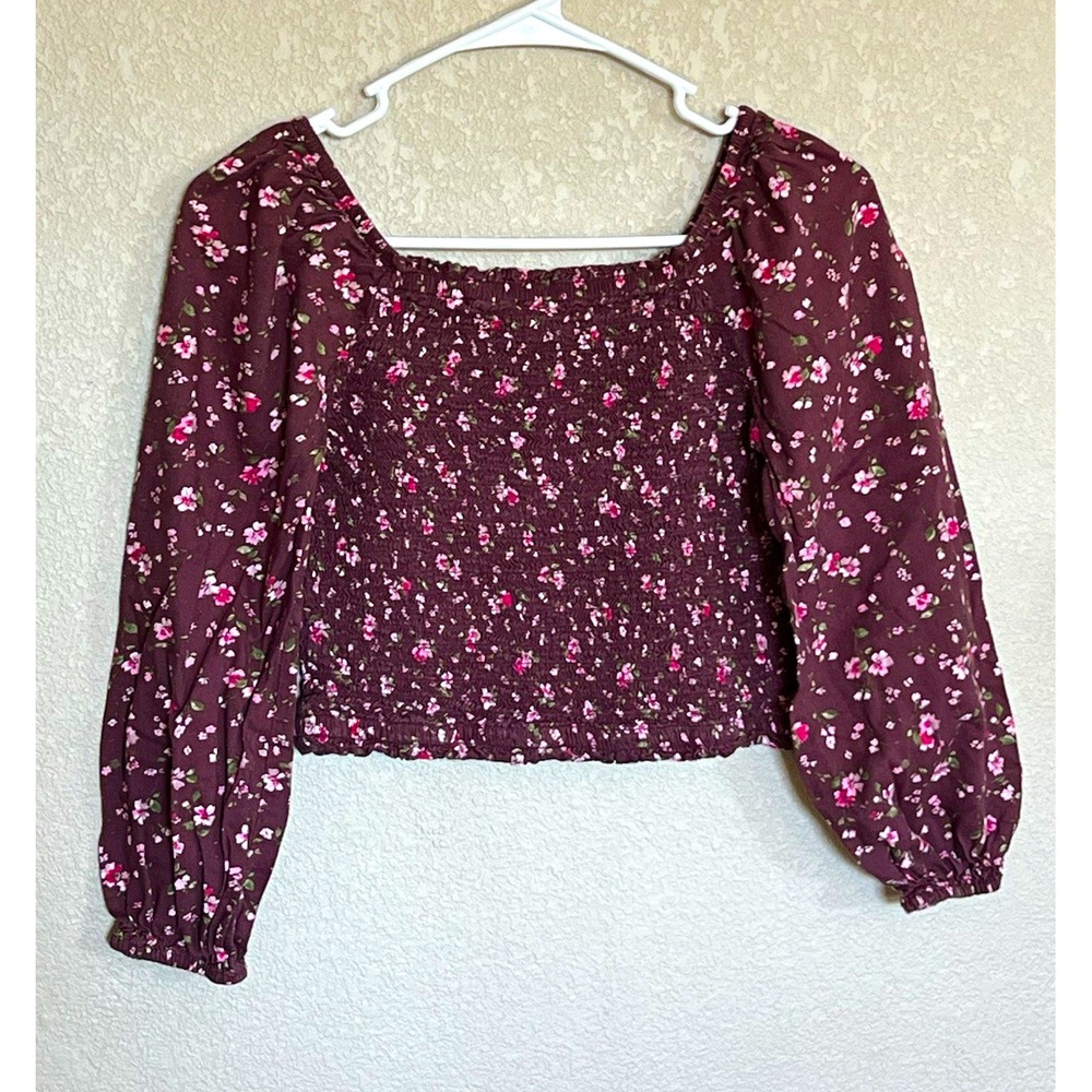 Gap Kids Girls XL Burgundy Floral Smocked Square Neck Long Sleeve Blouse